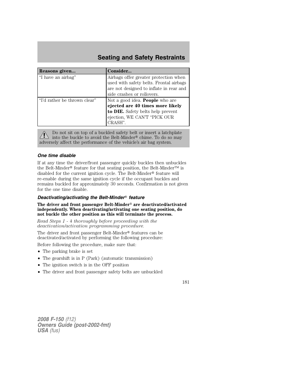 Seating and safety restraints | FORD 2008 F-150 v.1 User Manual | Page 181 / 400