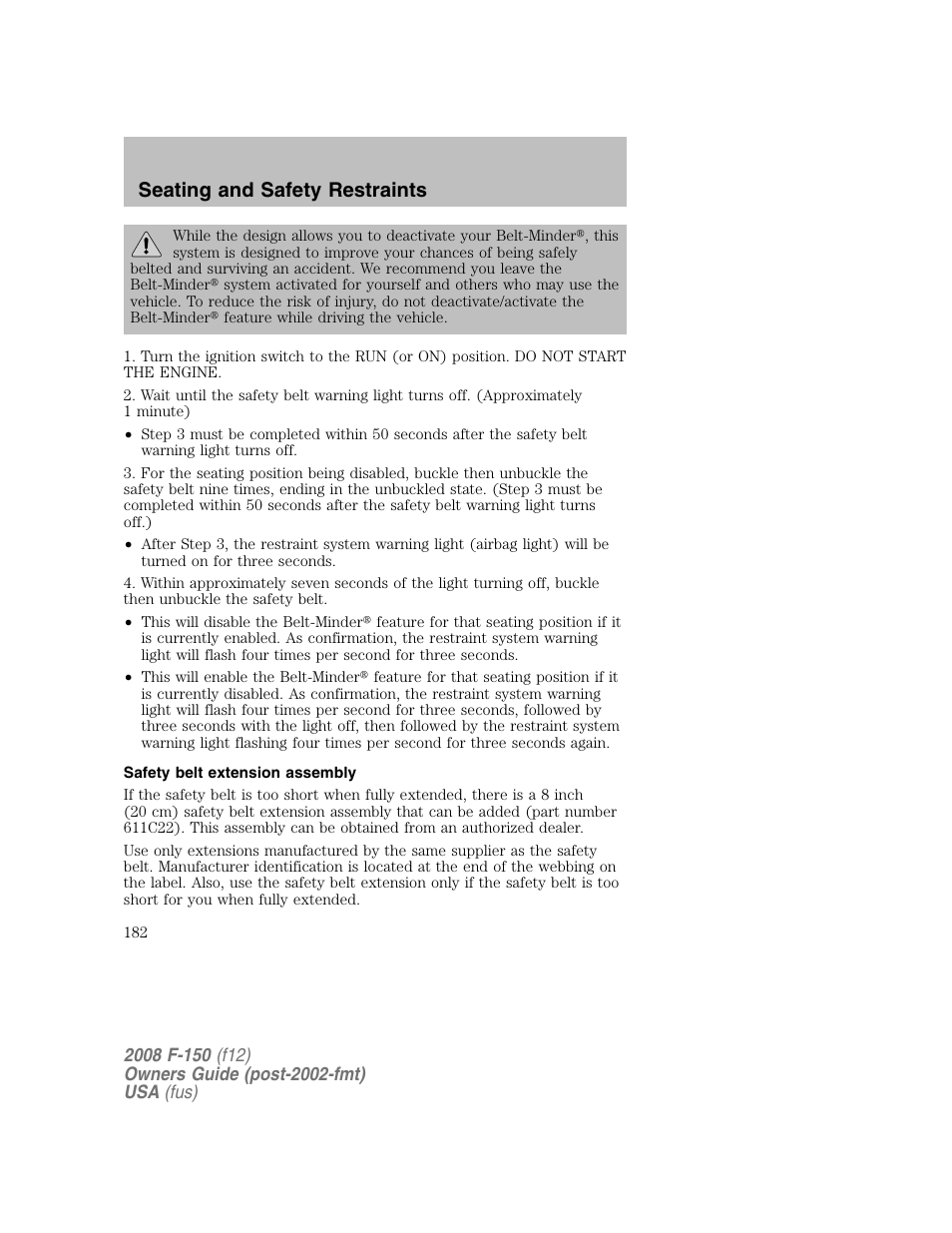 Seating and safety restraints | FORD 2008 F-150 v.1 User Manual | Page 182 / 400