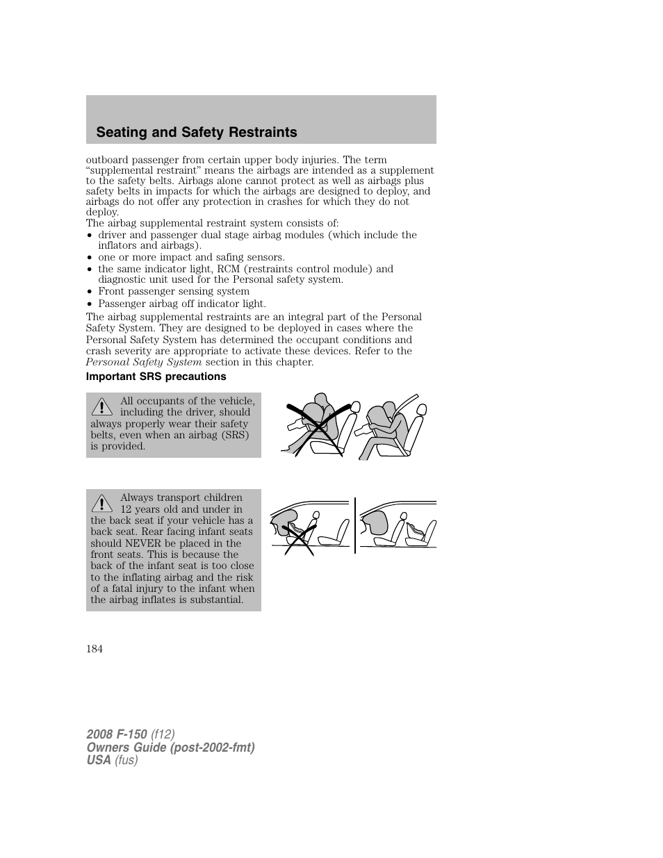 Seating and safety restraints | FORD 2008 F-150 v.1 User Manual | Page 184 / 400