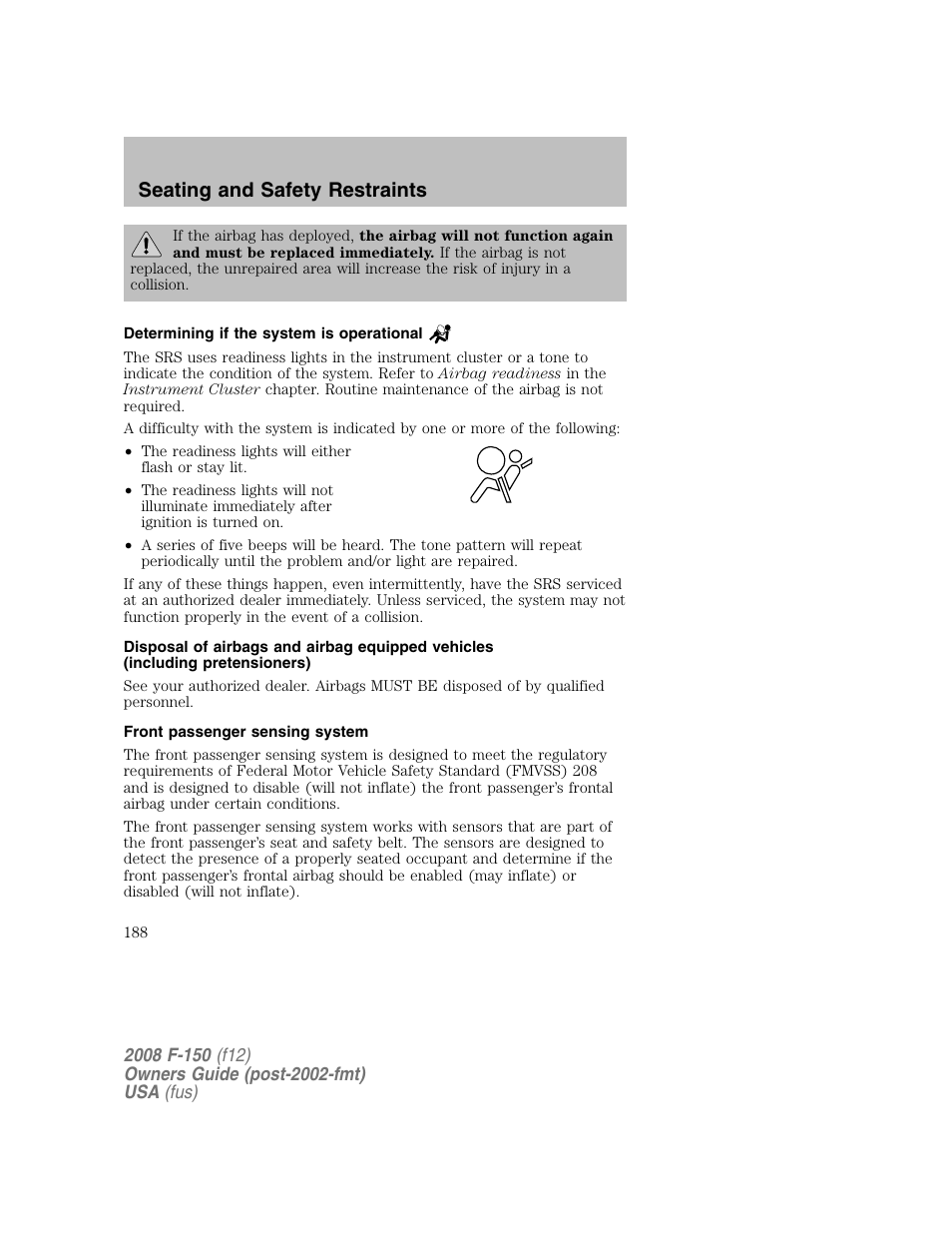 Seating and safety restraints | FORD 2008 F-150 v.1 User Manual | Page 188 / 400