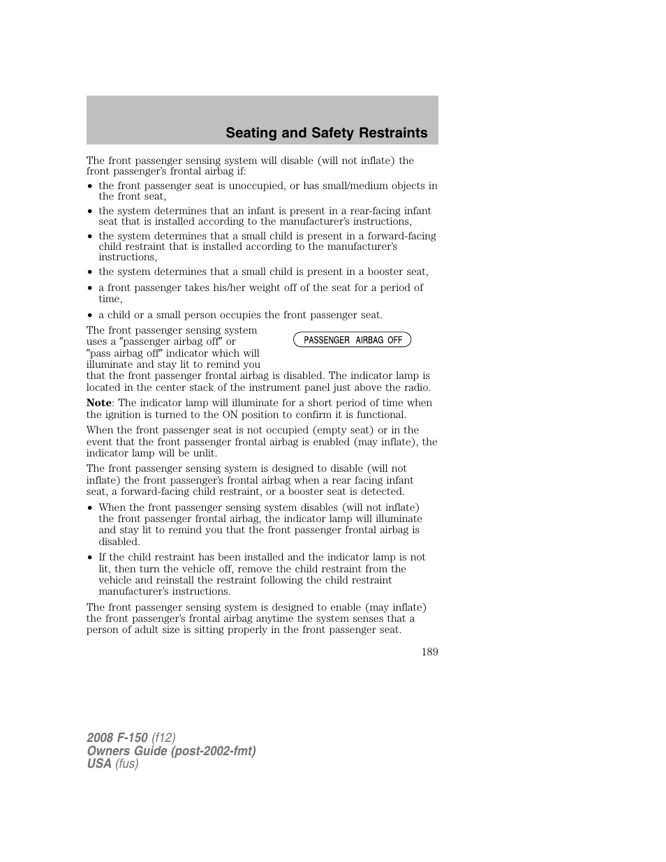 Seating and safety restraints | FORD 2008 F-150 v.1 User Manual | Page 189 / 400