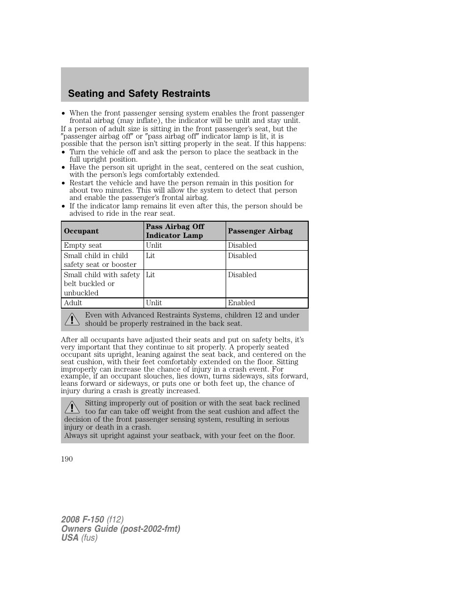 Seating and safety restraints | FORD 2008 F-150 v.1 User Manual | Page 190 / 400