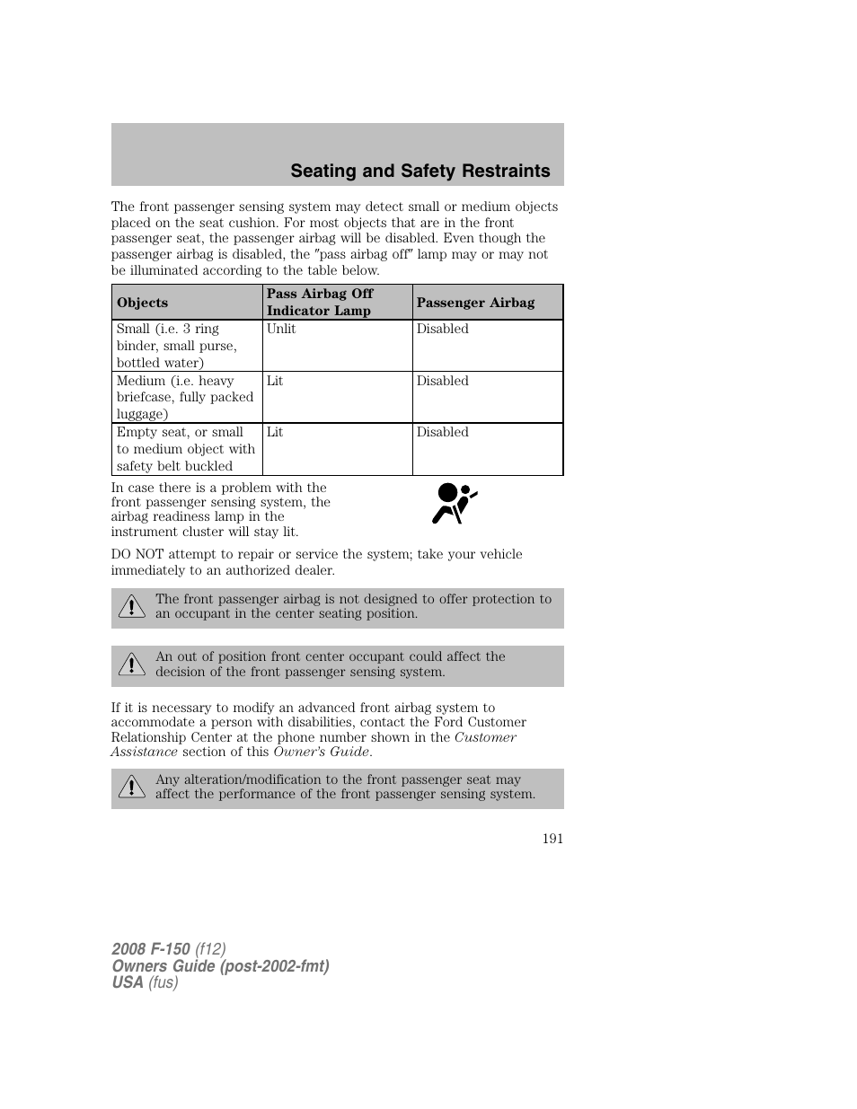 Seating and safety restraints | FORD 2008 F-150 v.1 User Manual | Page 191 / 400