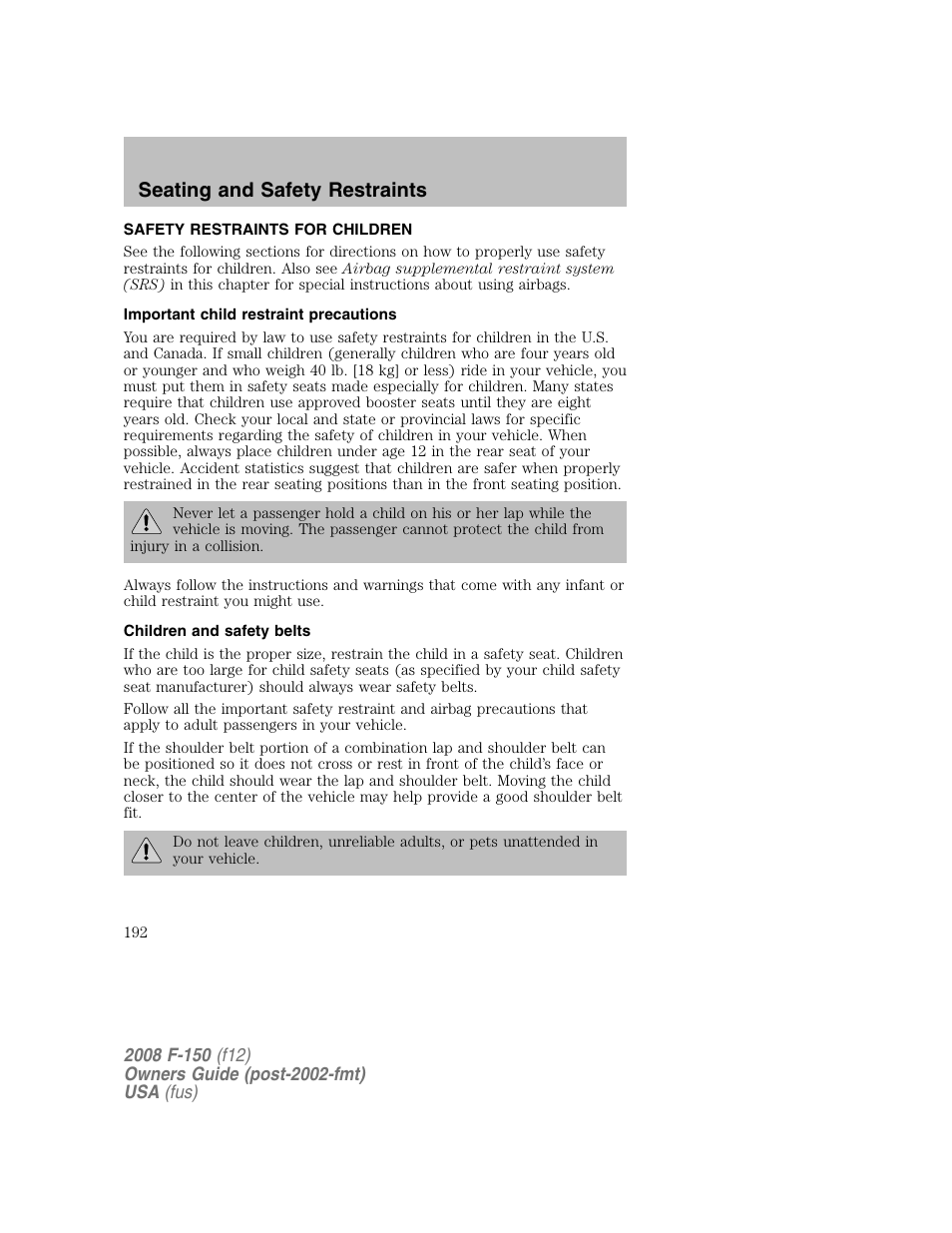 Seating and safety restraints | FORD 2008 F-150 v.1 User Manual | Page 192 / 400