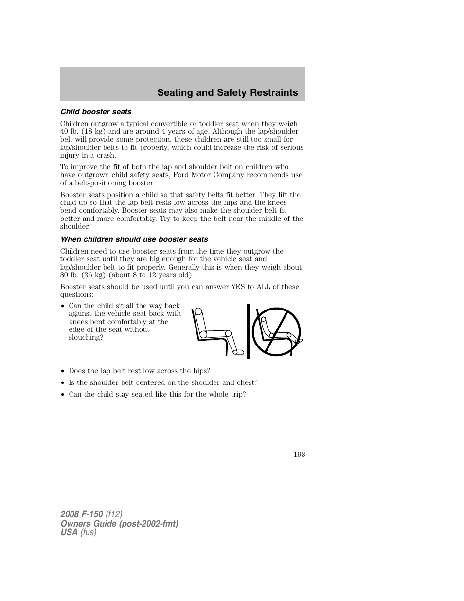 Seating and safety restraints | FORD 2008 F-150 v.1 User Manual | Page 193 / 400