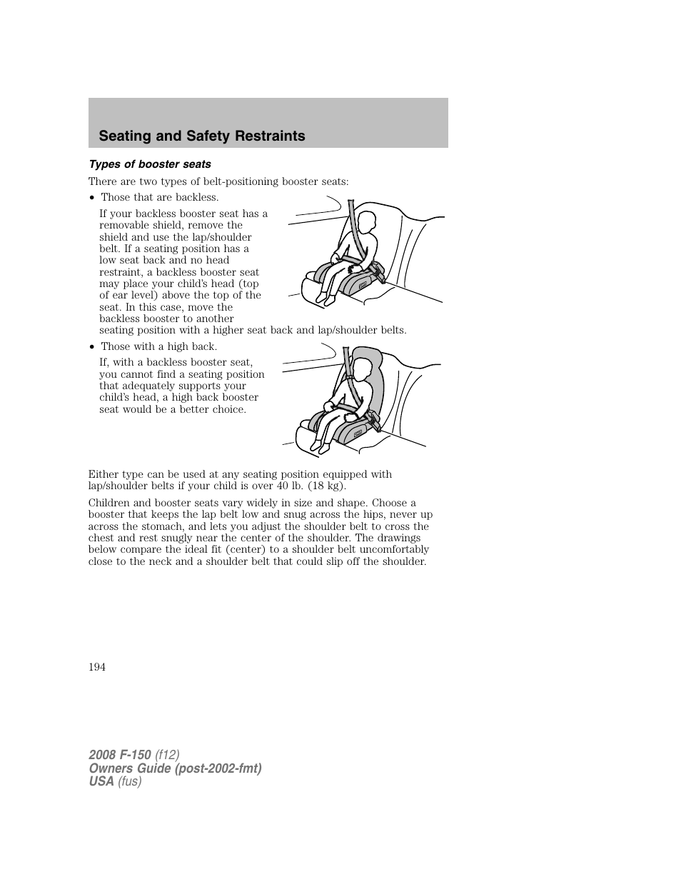 Seating and safety restraints | FORD 2008 F-150 v.1 User Manual | Page 194 / 400
