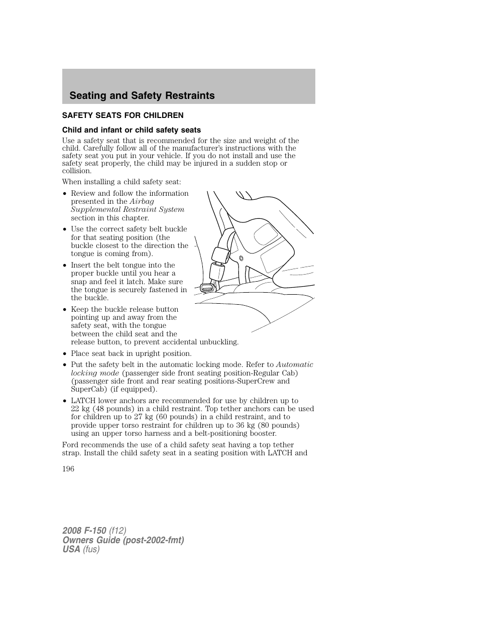 Seating and safety restraints | FORD 2008 F-150 v.1 User Manual | Page 196 / 400