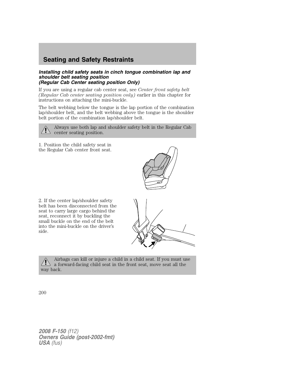 Seating and safety restraints | FORD 2008 F-150 v.1 User Manual | Page 200 / 400