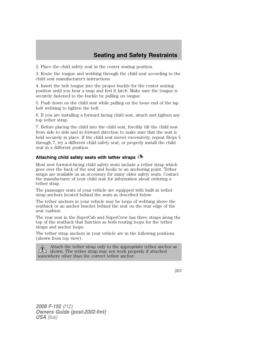 Seating and safety restraints | FORD 2008 F-150 v.1 User Manual | Page 203 / 400