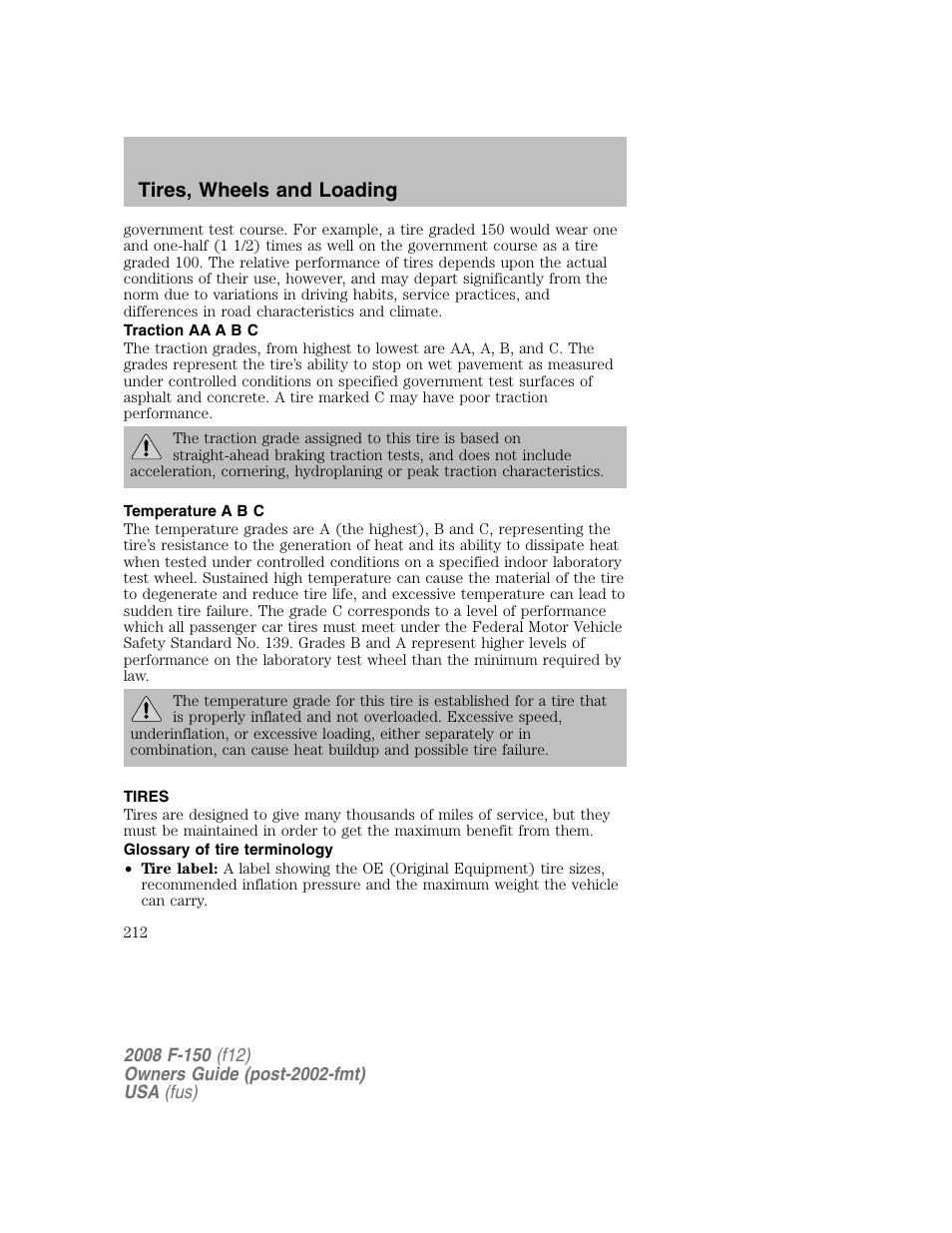 Tires, wheels and loading | FORD 2008 F-150 v.1 User Manual | Page 212 / 400