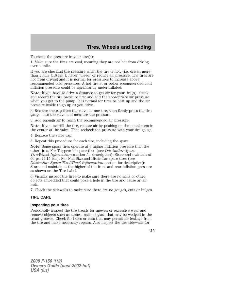 Tires, wheels and loading | FORD 2008 F-150 v.1 User Manual | Page 215 / 400