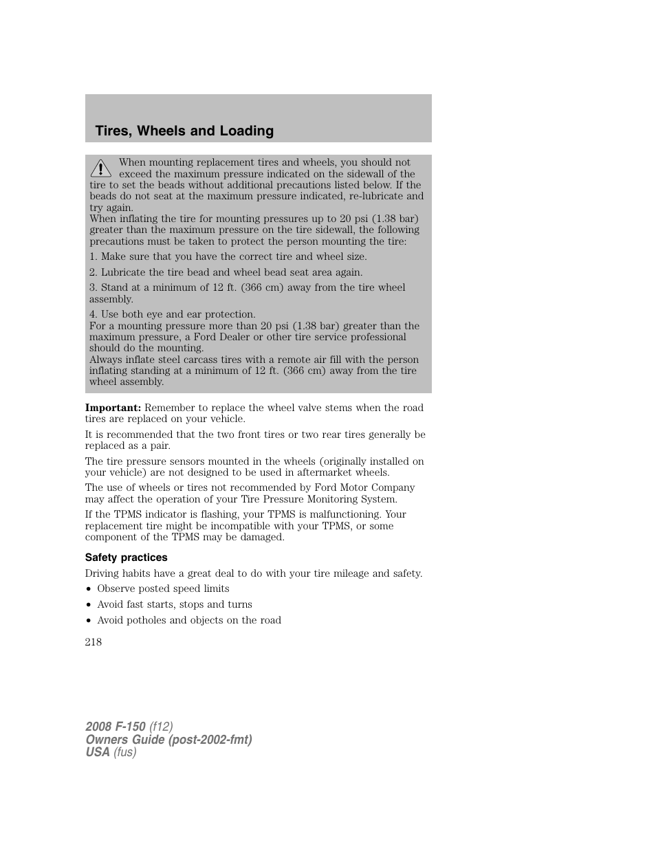 Tires, wheels and loading | FORD 2008 F-150 v.1 User Manual | Page 218 / 400