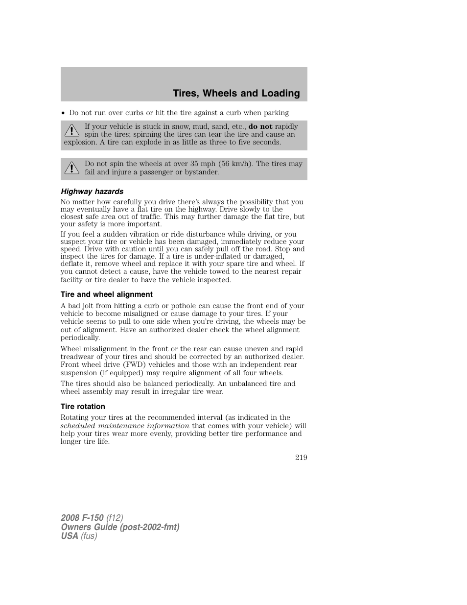 Tires, wheels and loading | FORD 2008 F-150 v.1 User Manual | Page 219 / 400