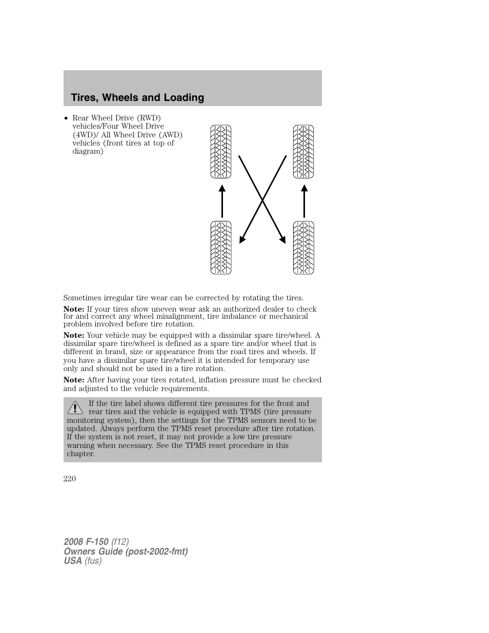 Tires, wheels and loading | FORD 2008 F-150 v.1 User Manual | Page 220 / 400