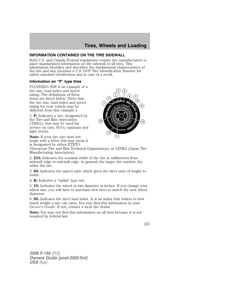 Tires, wheels and loading | FORD 2008 F-150 v.1 User Manual | Page 221 / 400