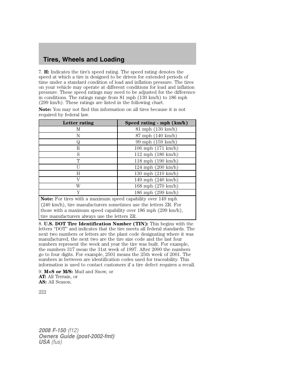 Tires, wheels and loading | FORD 2008 F-150 v.1 User Manual | Page 222 / 400