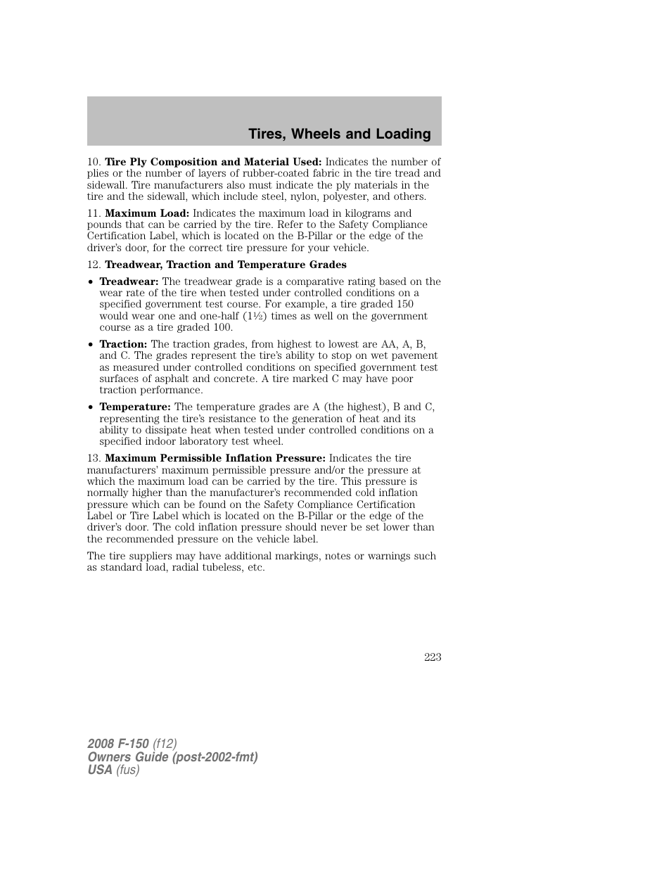 Tires, wheels and loading | FORD 2008 F-150 v.1 User Manual | Page 223 / 400