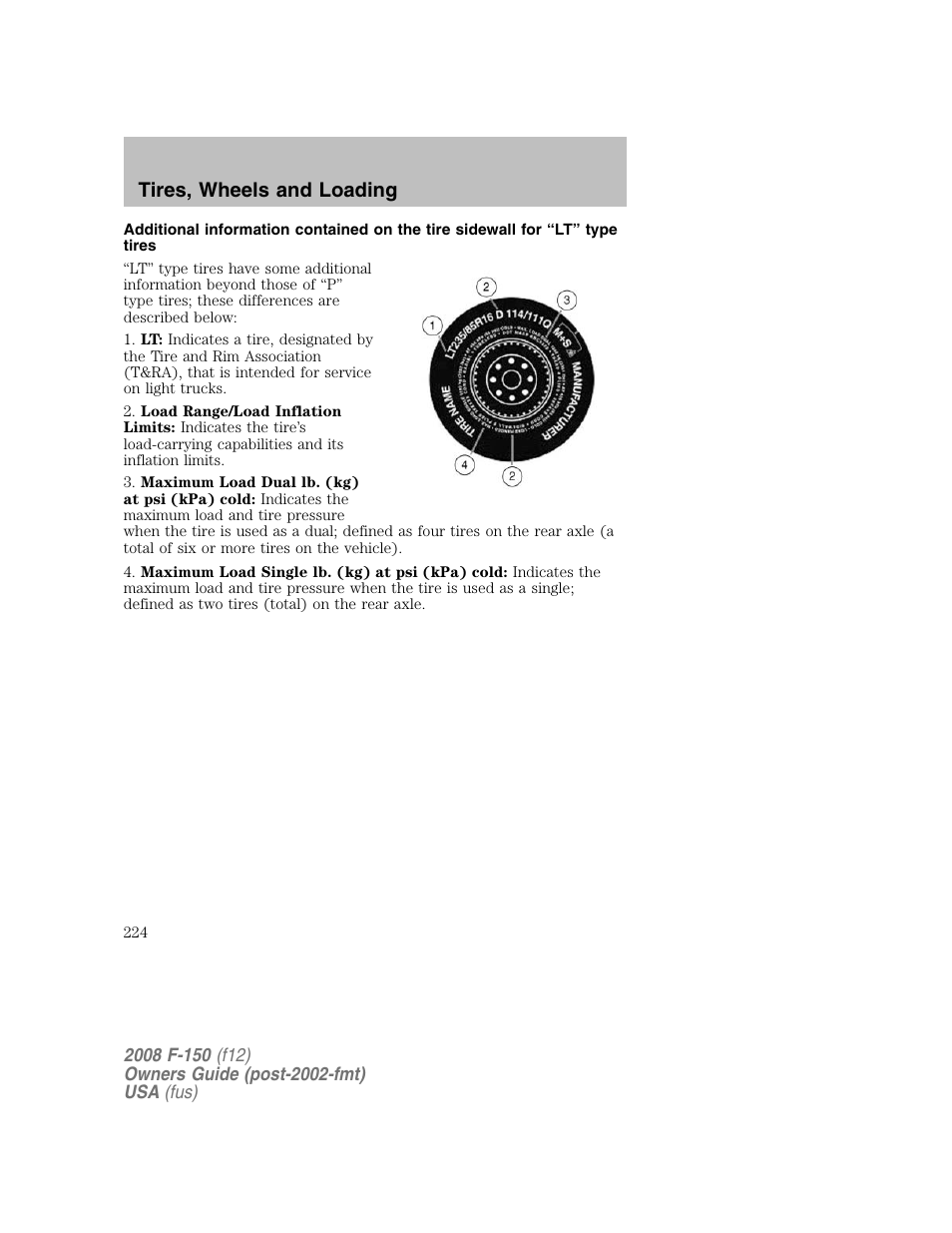 Tires, wheels and loading | FORD 2008 F-150 v.1 User Manual | Page 224 / 400