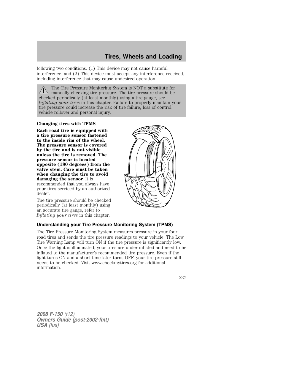 Tires, wheels and loading | FORD 2008 F-150 v.1 User Manual | Page 227 / 400