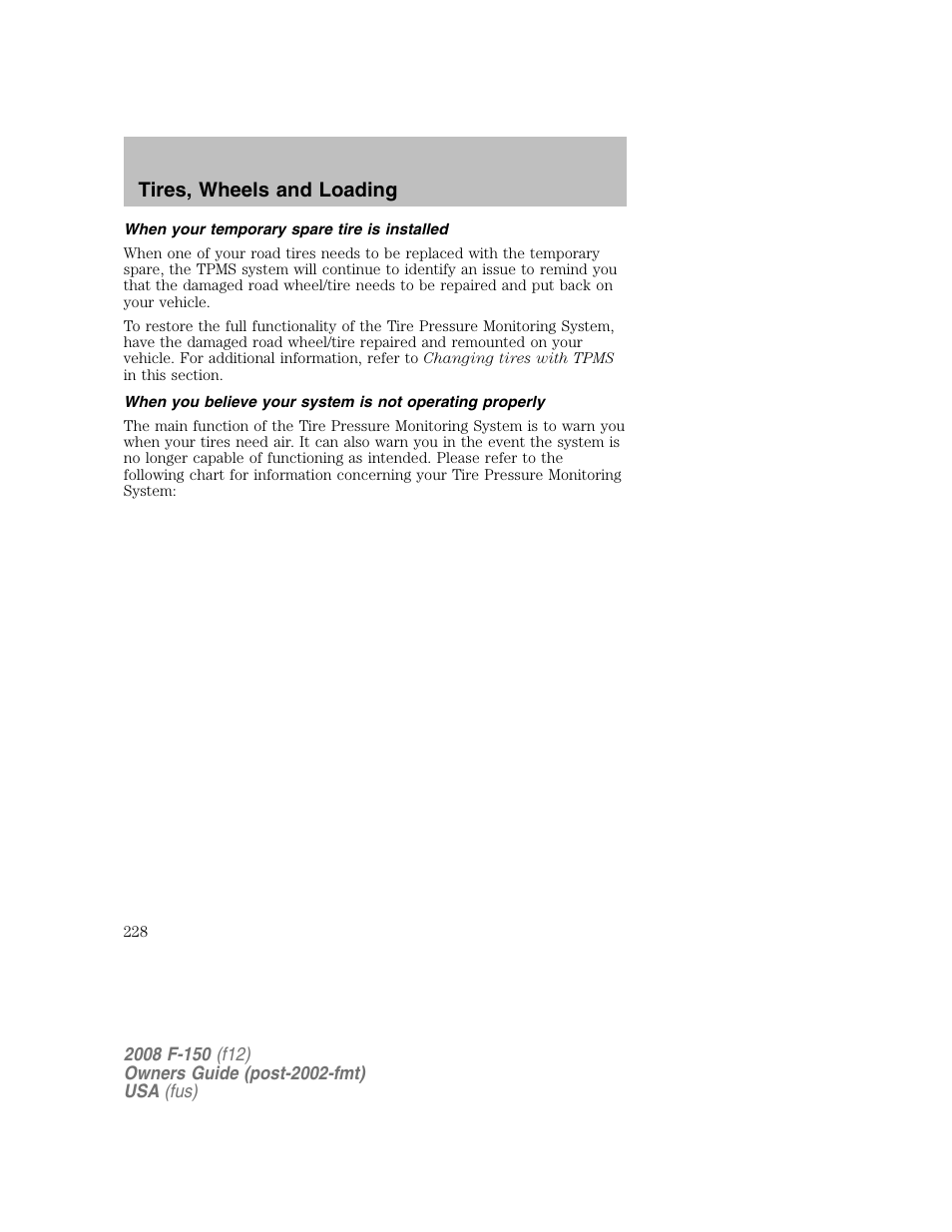 Tires, wheels and loading | FORD 2008 F-150 v.1 User Manual | Page 228 / 400