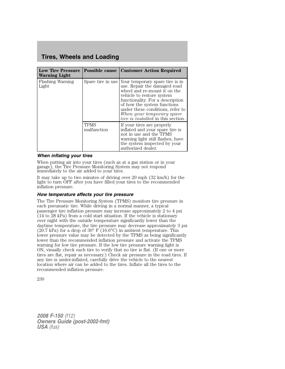 Tires, wheels and loading | FORD 2008 F-150 v.1 User Manual | Page 230 / 400