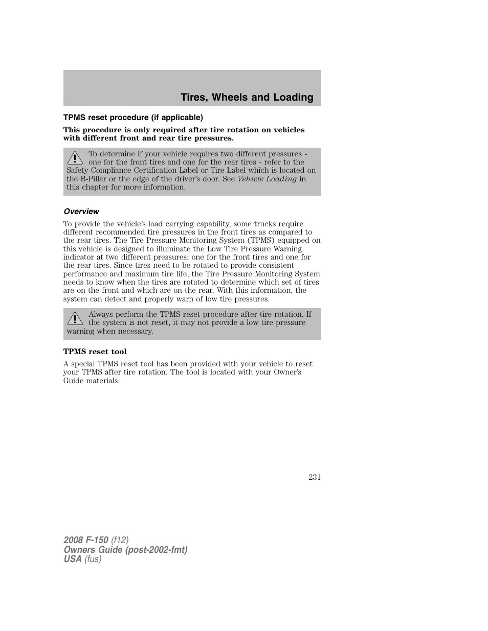 Tires, wheels and loading | FORD 2008 F-150 v.1 User Manual | Page 231 / 400