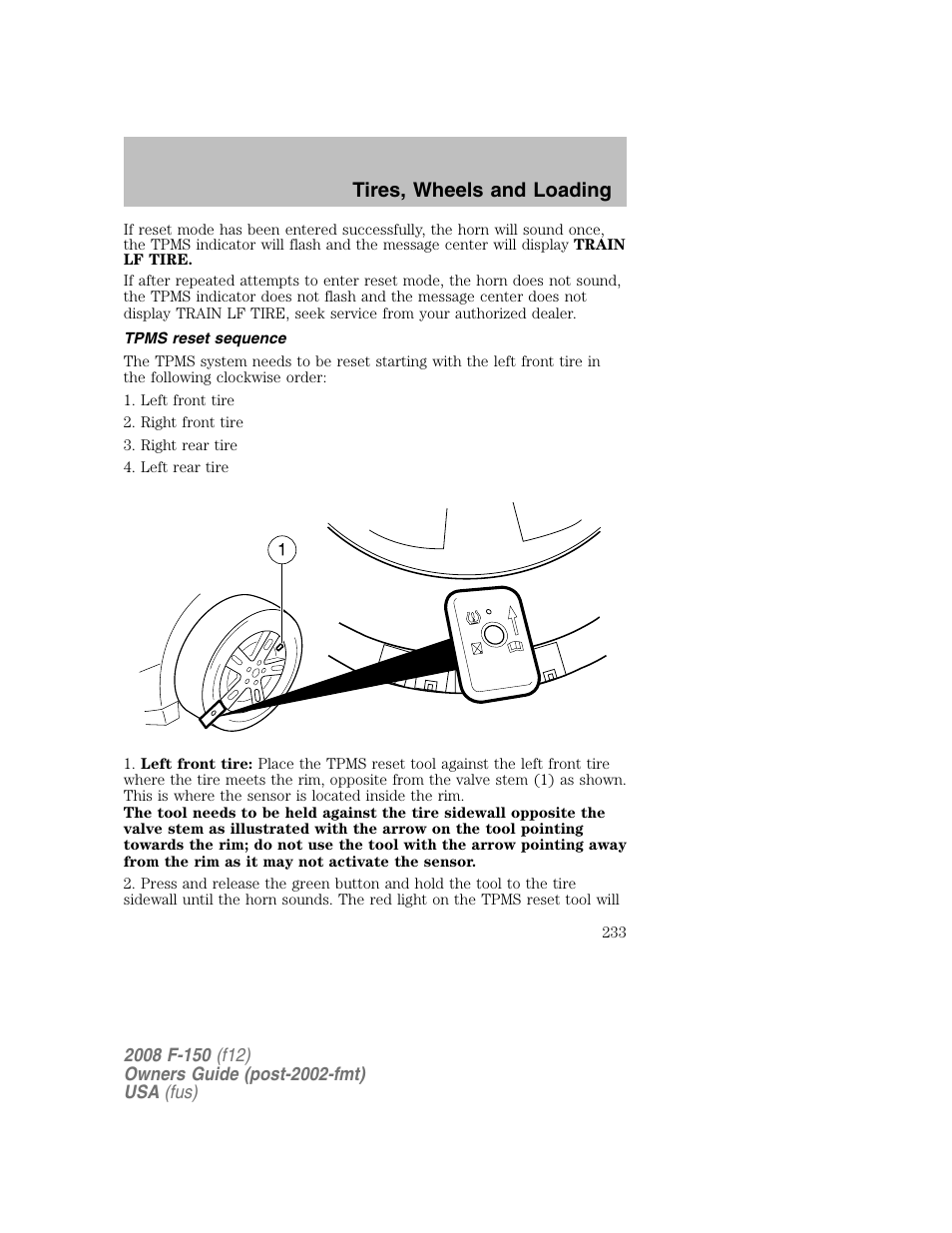 Tires, wheels and loading | FORD 2008 F-150 v.1 User Manual | Page 233 / 400