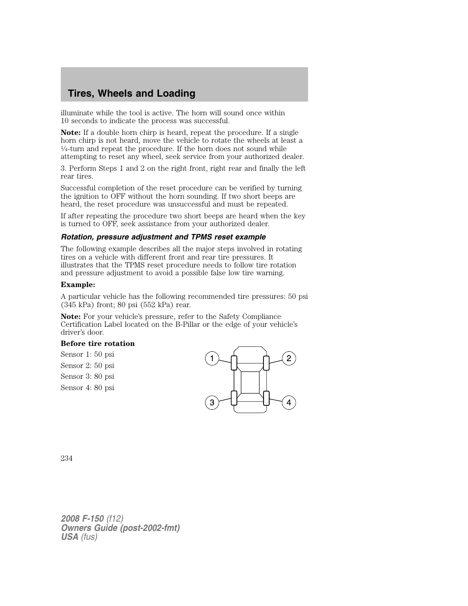 Tires, wheels and loading | FORD 2008 F-150 v.1 User Manual | Page 234 / 400