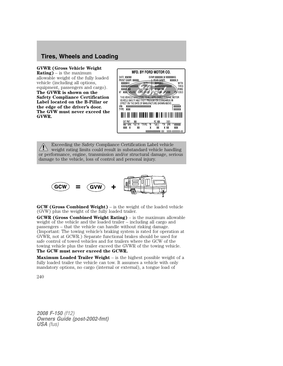 Tires, wheels and loading | FORD 2008 F-150 v.1 User Manual | Page 240 / 400