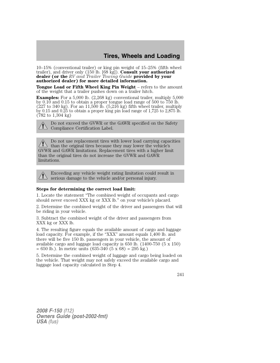 Tires, wheels and loading | FORD 2008 F-150 v.1 User Manual | Page 241 / 400