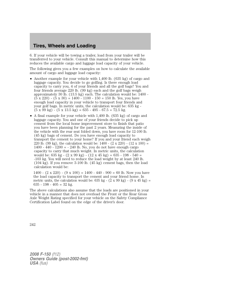 Tires, wheels and loading | FORD 2008 F-150 v.1 User Manual | Page 242 / 400