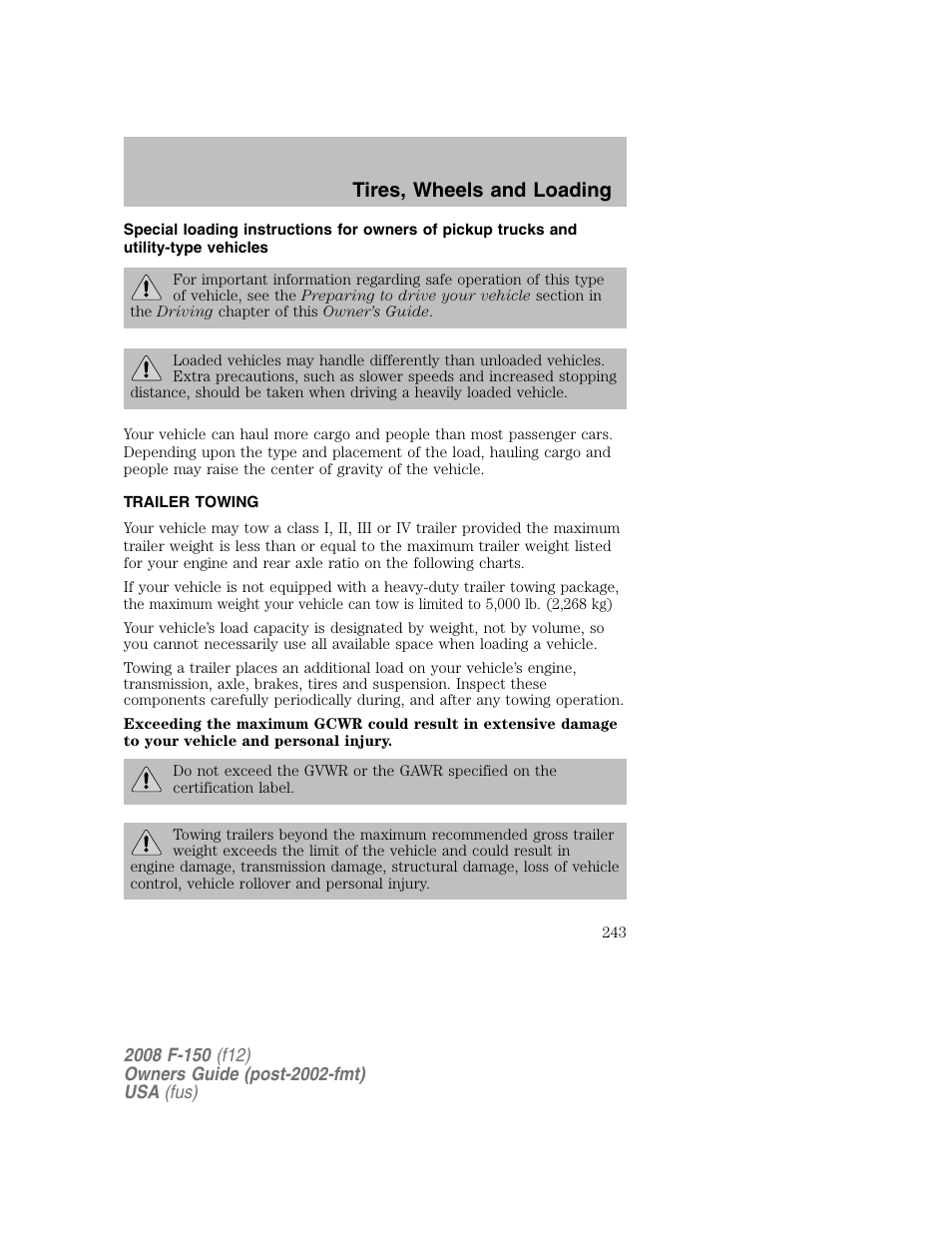 Tires, wheels and loading | FORD 2008 F-150 v.1 User Manual | Page 243 / 400