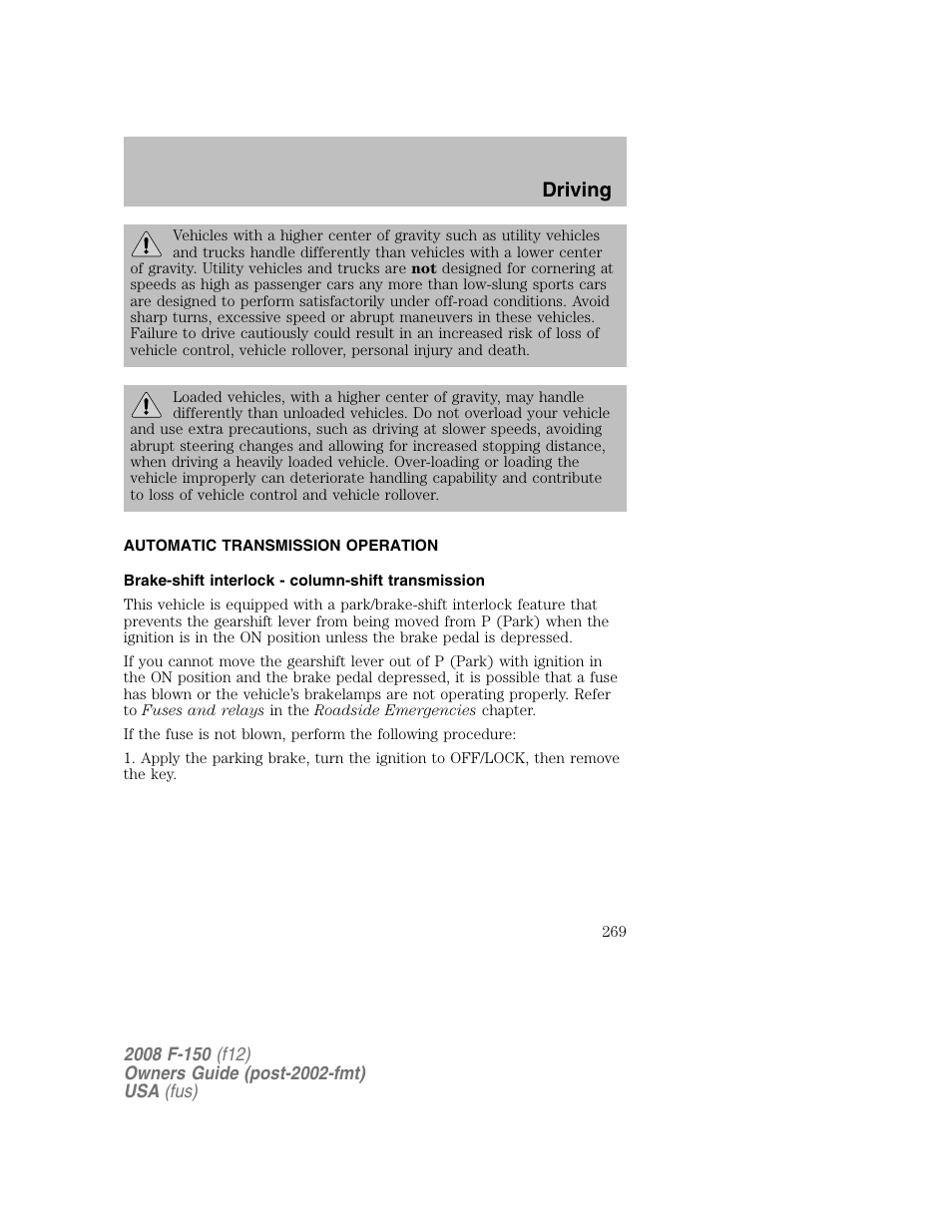 Driving | FORD 2008 F-150 v.1 User Manual | Page 269 / 400