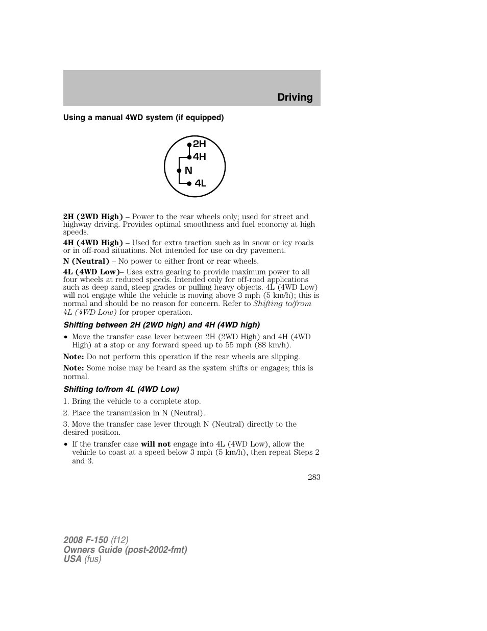 Driving | FORD 2008 F-150 v.1 User Manual | Page 283 / 400