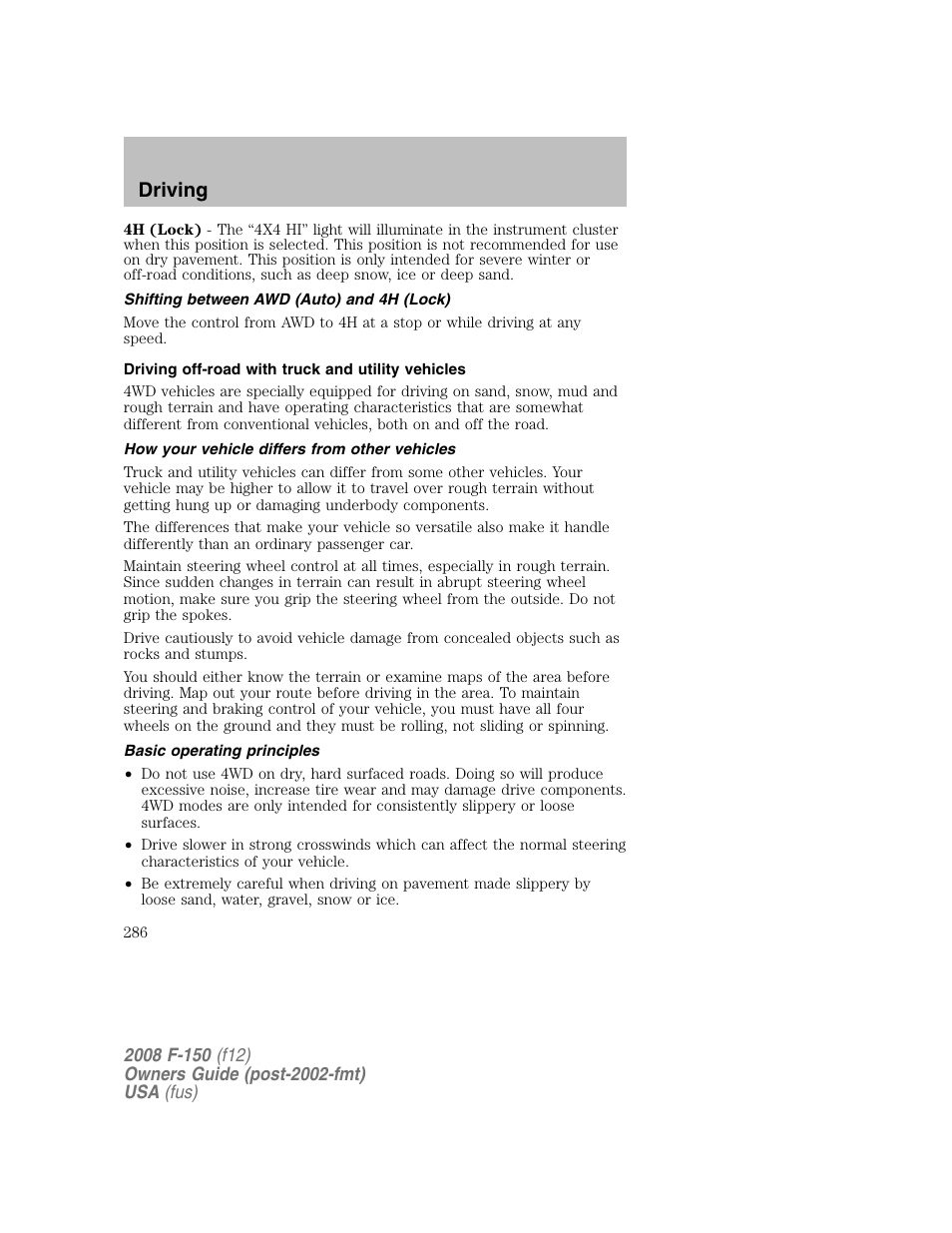 Driving | FORD 2008 F-150 v.1 User Manual | Page 286 / 400