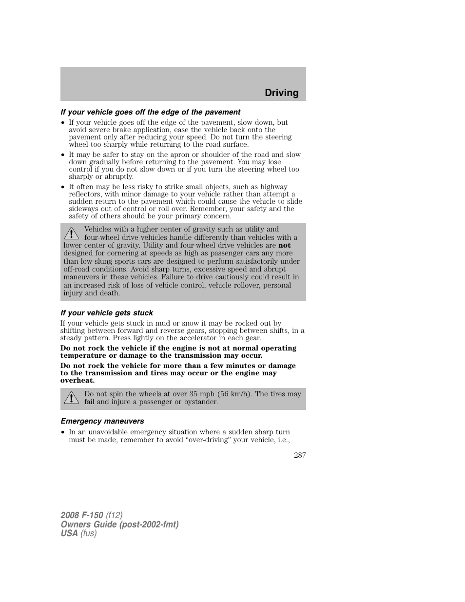 Driving | FORD 2008 F-150 v.1 User Manual | Page 287 / 400