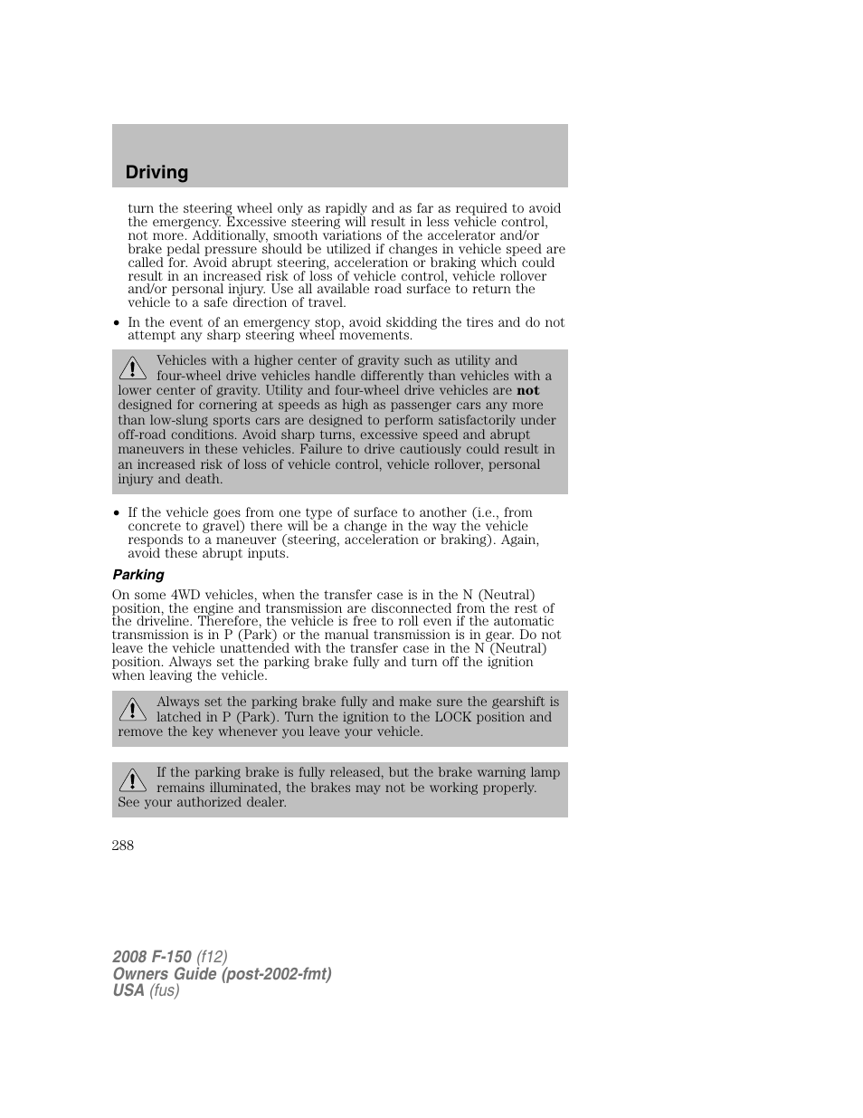 Driving | FORD 2008 F-150 v.1 User Manual | Page 288 / 400