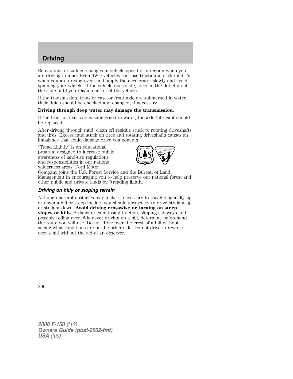 Driving | FORD 2008 F-150 v.1 User Manual | Page 290 / 400