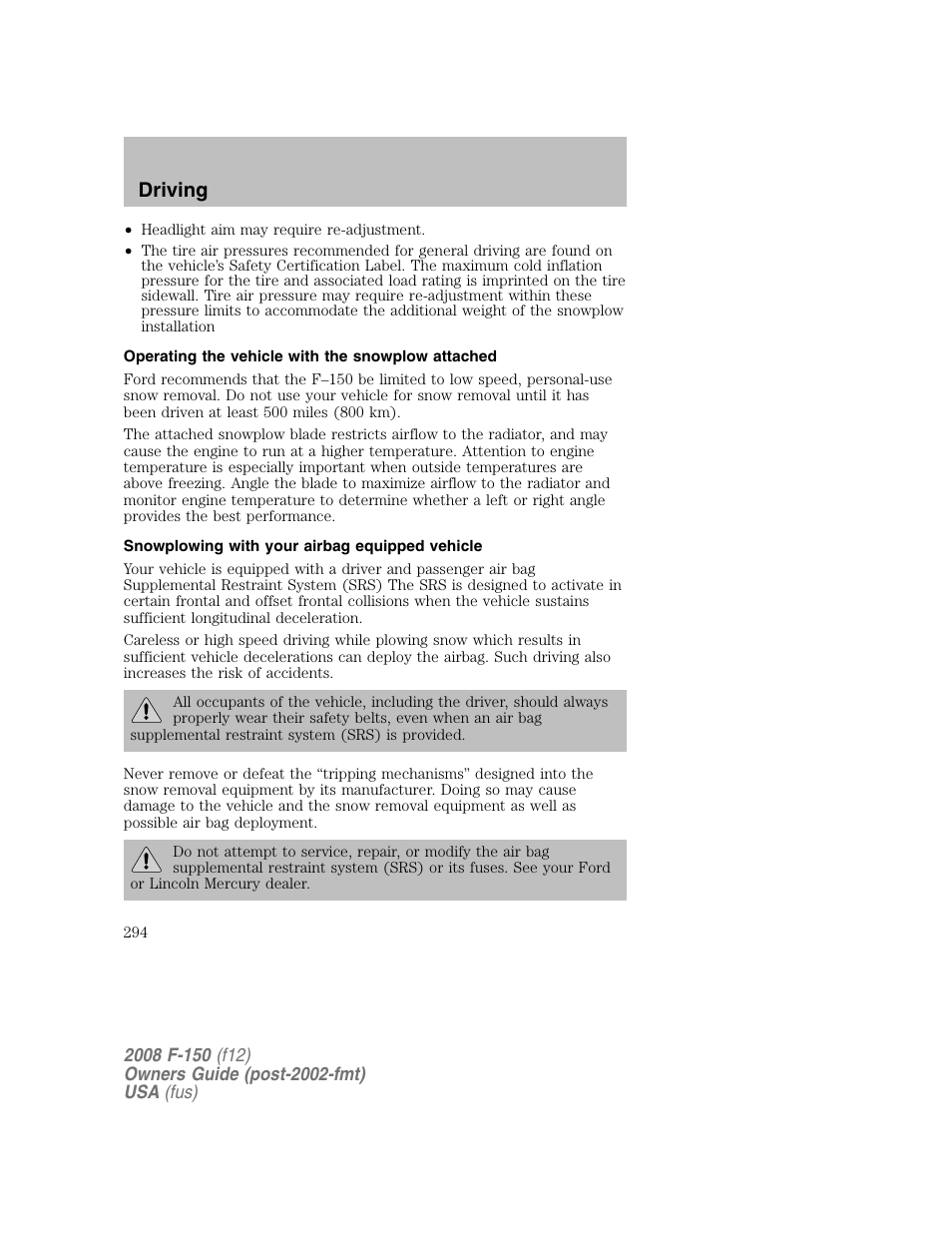 Driving | FORD 2008 F-150 v.1 User Manual | Page 294 / 400