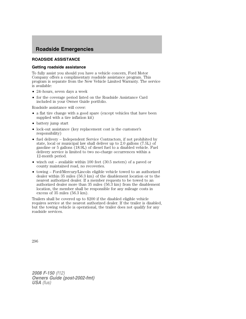 Roadside emergencies | FORD 2008 F-150 v.1 User Manual | Page 296 / 400