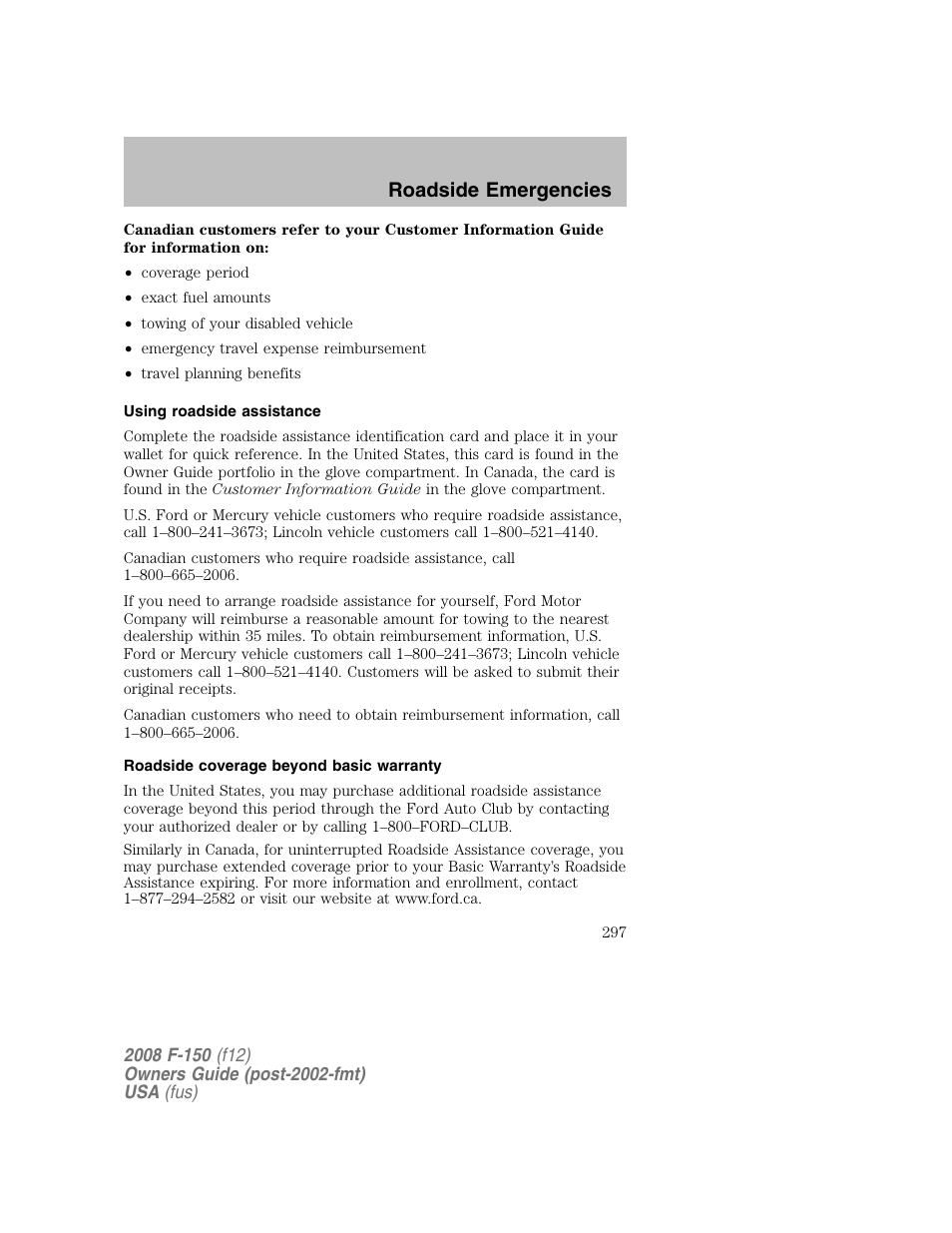 Roadside emergencies | FORD 2008 F-150 v.1 User Manual | Page 297 / 400