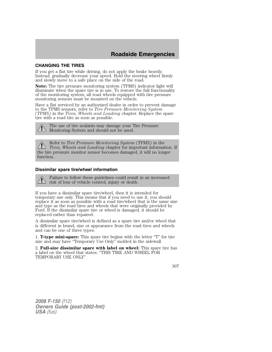 Roadside emergencies | FORD 2008 F-150 v.1 User Manual | Page 307 / 400