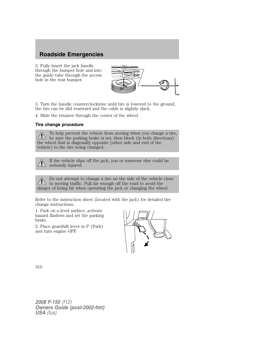 Roadside emergencies | FORD 2008 F-150 v.1 User Manual | Page 310 / 400