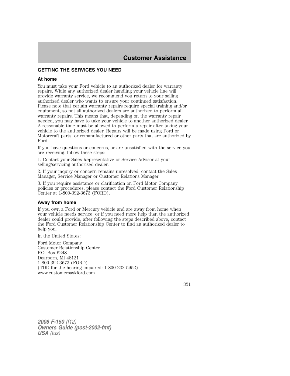 Customer assistance | FORD 2008 F-150 v.1 User Manual | Page 321 / 400