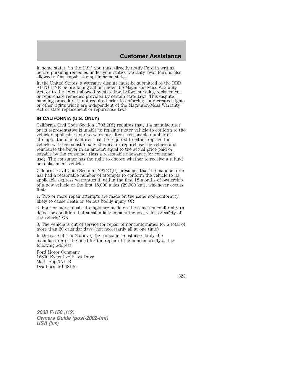 Customer assistance | FORD 2008 F-150 v.1 User Manual | Page 323 / 400