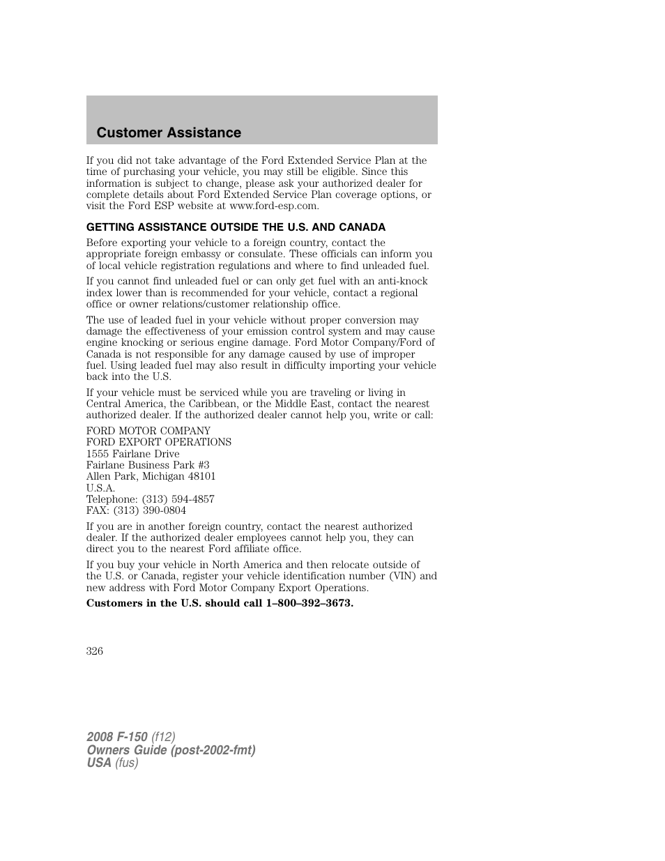 Customer assistance | FORD 2008 F-150 v.1 User Manual | Page 326 / 400