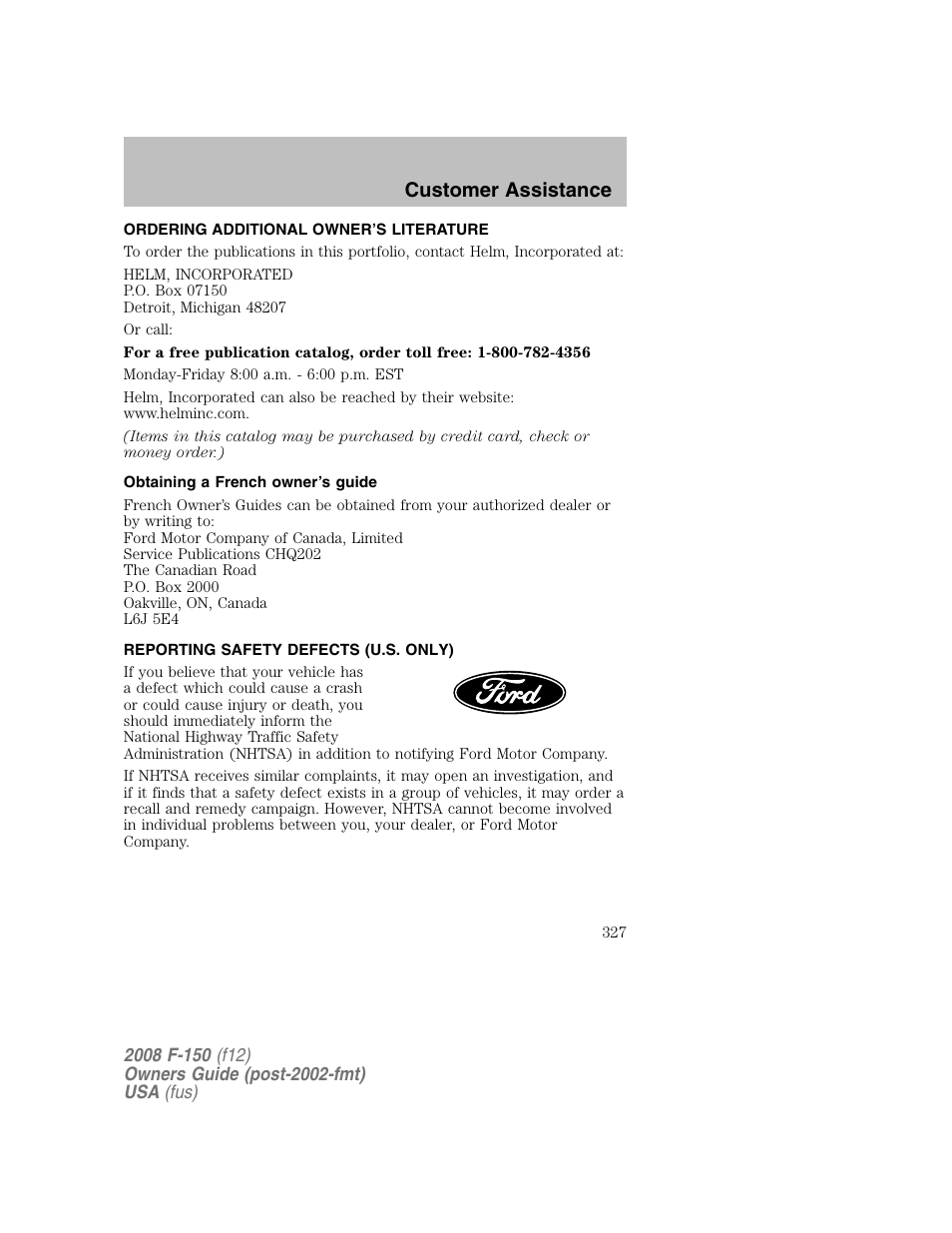 Customer assistance | FORD 2008 F-150 v.1 User Manual | Page 327 / 400