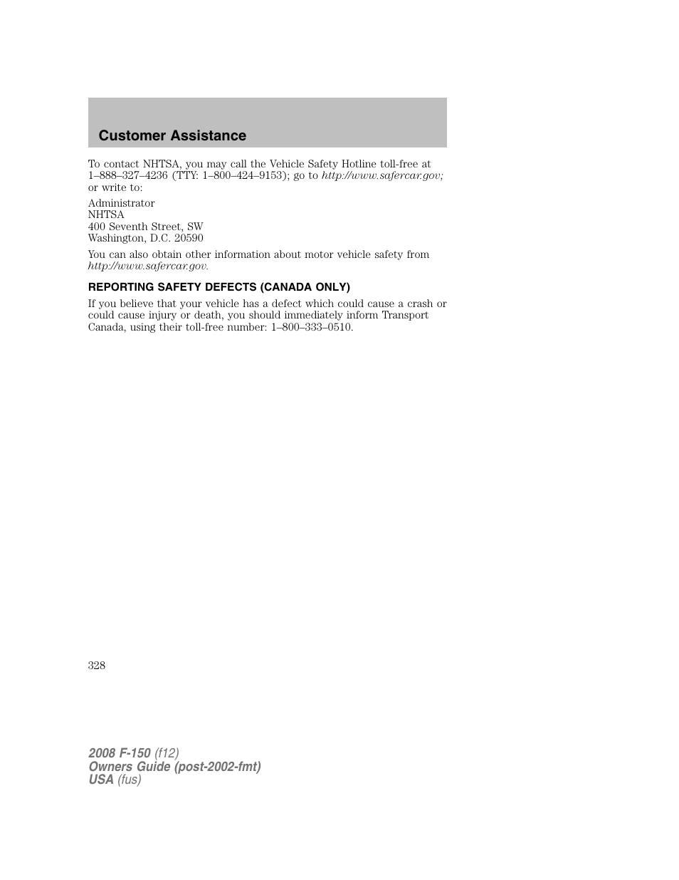 Customer assistance | FORD 2008 F-150 v.1 User Manual | Page 328 / 400