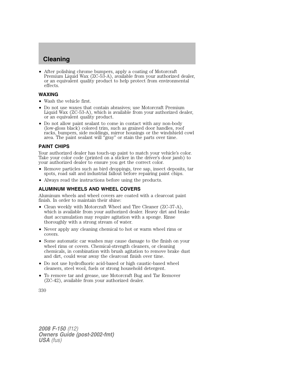 Cleaning | FORD 2008 F-150 v.1 User Manual | Page 330 / 400