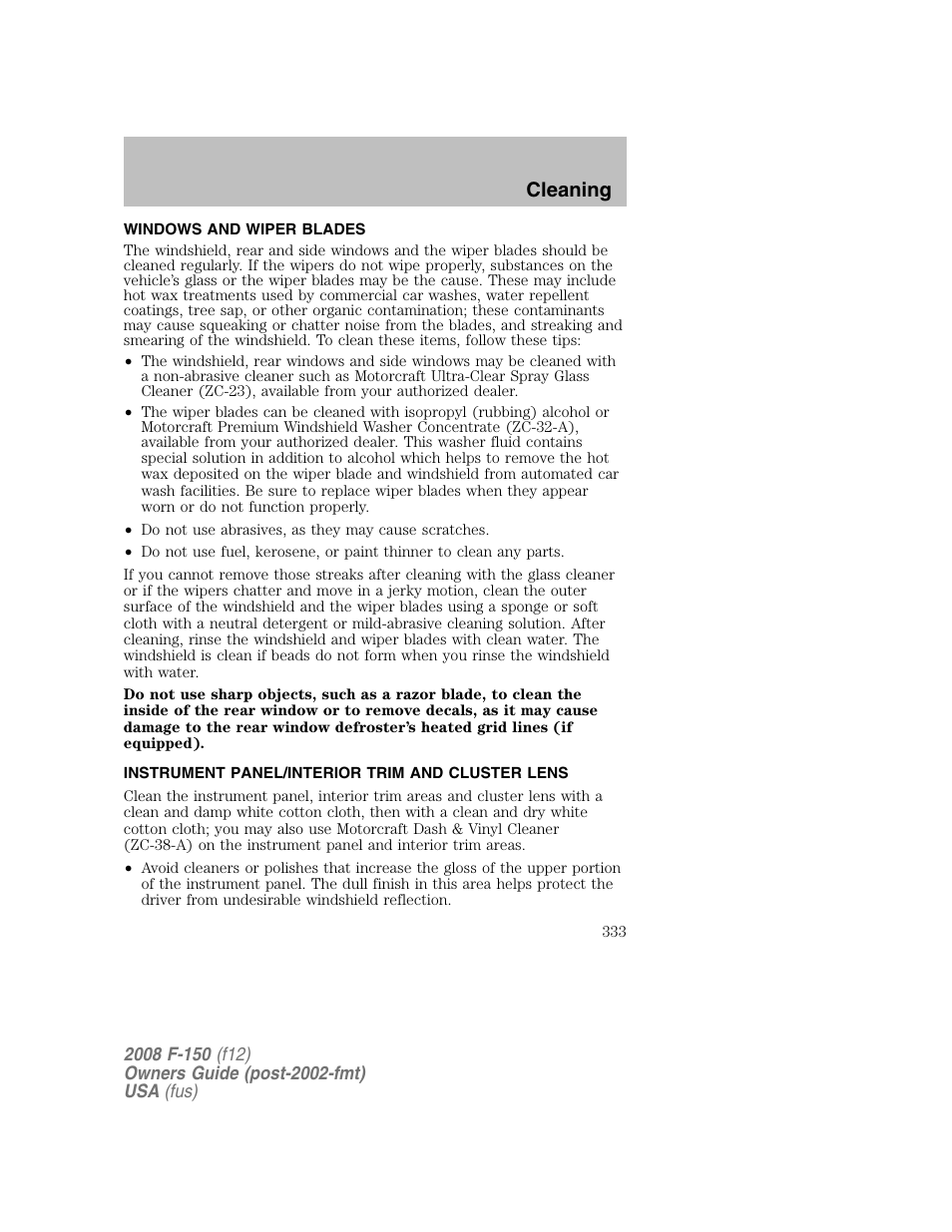 Cleaning | FORD 2008 F-150 v.1 User Manual | Page 333 / 400